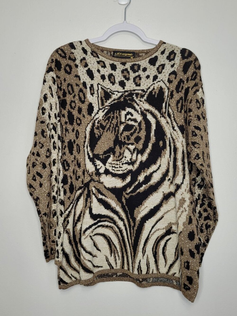 Vintage Lisa Originals gold black tiger print art to wear sweater size large